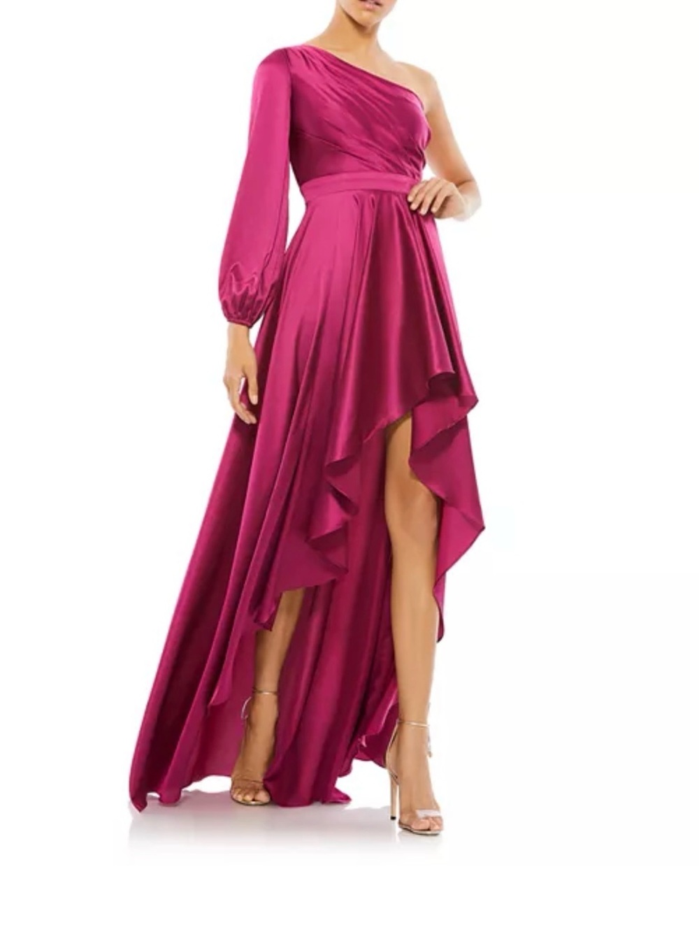 Mac Duggal One-Shoulder Magenta High-Low Satin Gown